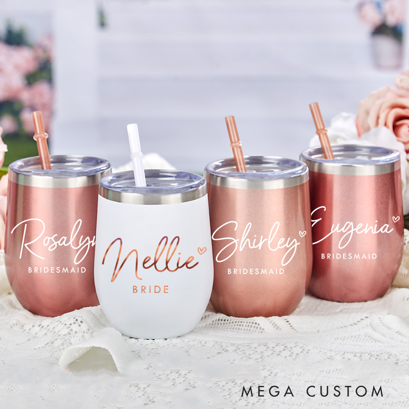 Personalized Bridesmaid Minimalist Wine Tumbler Custom Bride Name with Heart Wine Tumbler Maid of Honor Bachelorette Party Favors Bridal Shower Gift