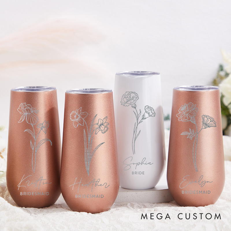 Personalized Bridesmaid Birth Flower Champagne Tumbler Custom Bride Month Flower Tumbler Maid of Honor Bachelorette Party Favors Bridal Shower Gift