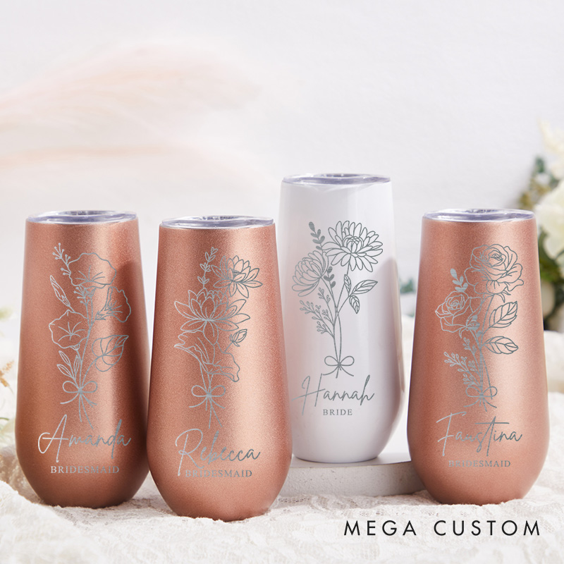 Personalized Bridesmaid Elegant Birth Flower Champagne Tumbler Custom Bride Month Flower Tumbler Bachelorette Party Favors Bridal Shower Gift for Her
