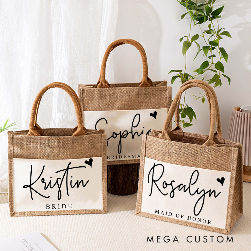 Personalized Bridesmaid Stylish Name with Heart Burlap Tote Bag Custom Bride Name and Title Wedding Beach Bag Bachelorette Party Bridal Shower Gift