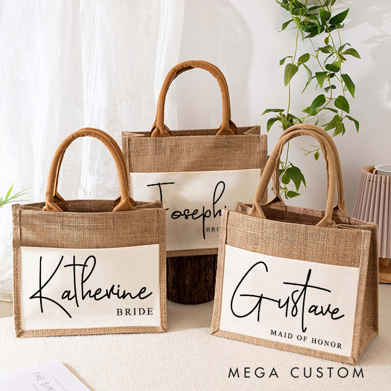 Personalized Bridesmaid Elegant Name Burlap Tote Bag Custom Bride Name and Title Wedding Beach Tote Bag Bachelorette Party Favors Bridal Shower Gift