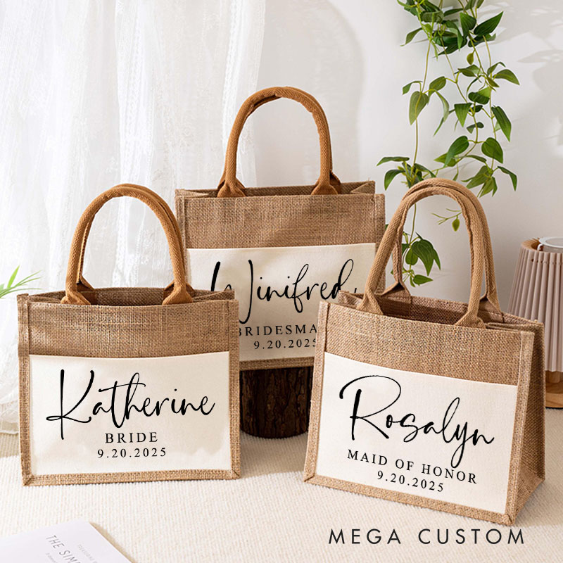 Personalized Bridesmaid Stunning Name Burlap Tote Bag Custom Bride Name and Title Wedding Beach Tote Bag Bachelorette Party Favors Bridal Shower Gift