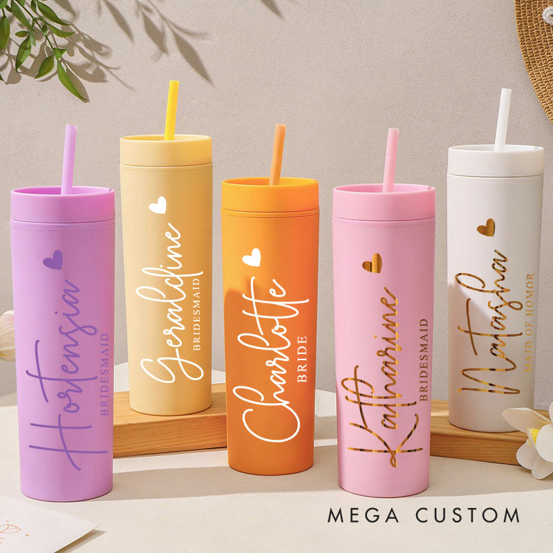 Personalized Bridesmaid 16oz Skinny Tumbler Custom Bride Name with Heart Wedding Tumbler Maid of Honor Bachelorette Party Favor Bridal Shower Gift