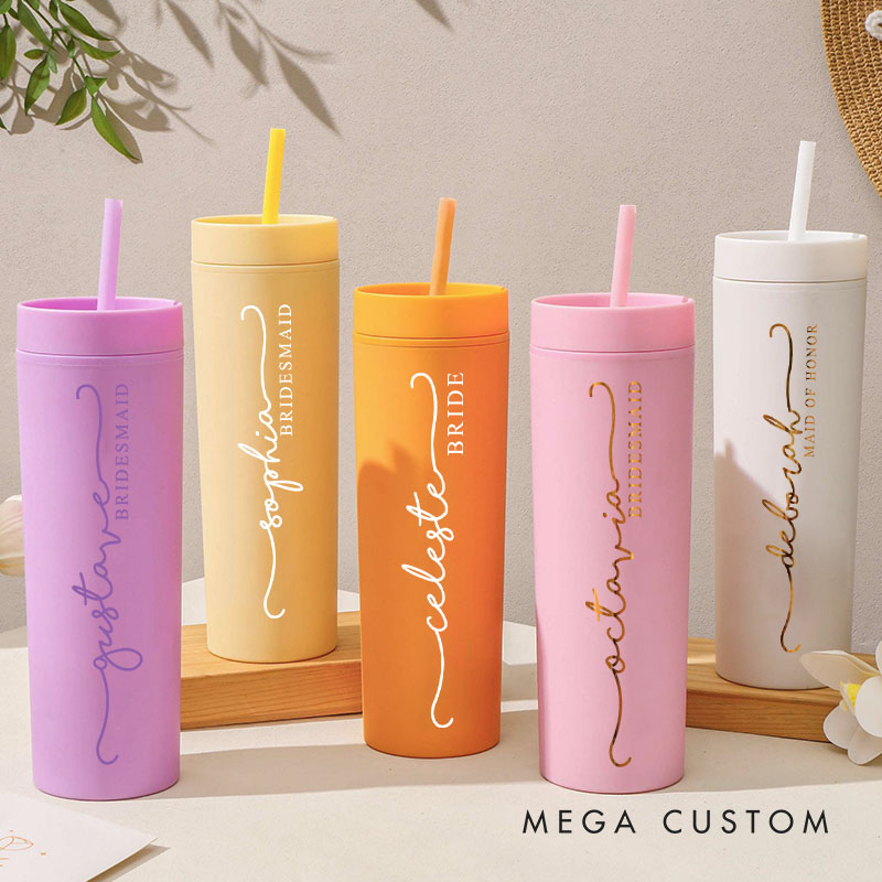 Personalized Minimalist Bridesmaid 16oz Skinny Tumbler Custom Bride Name Wedding Tumbler Maid of Honor Bachelorette Party Favor Bridal Shower Gift