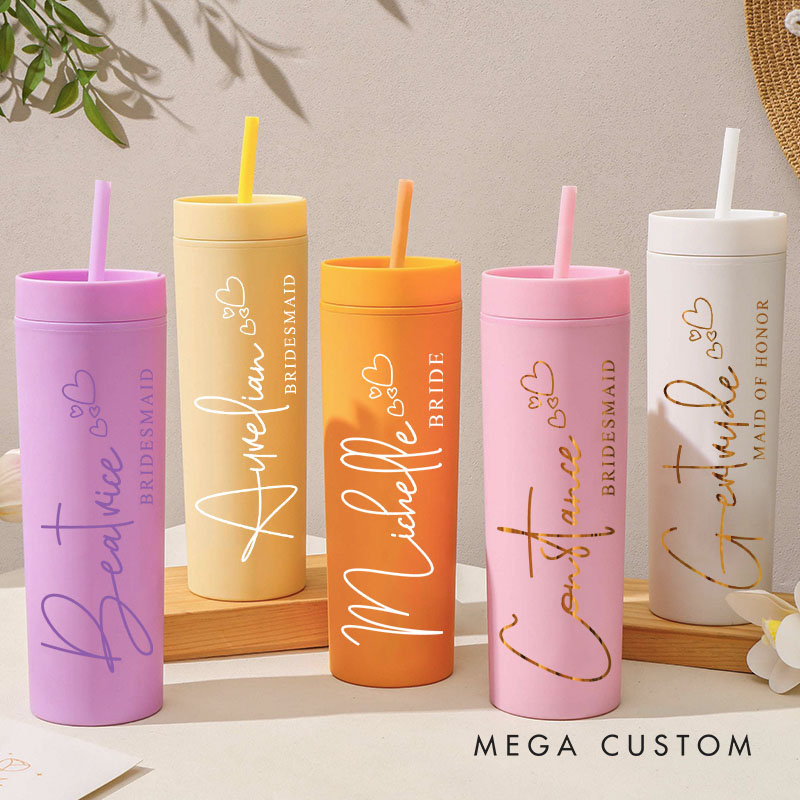 Personalized Gorgeous Bridesmaid 16oz Skinny Tumbler Custom Bride Name with Heart Wedding Tumbler Maid of Honor Bachelorette Party Bridal Shower Gift