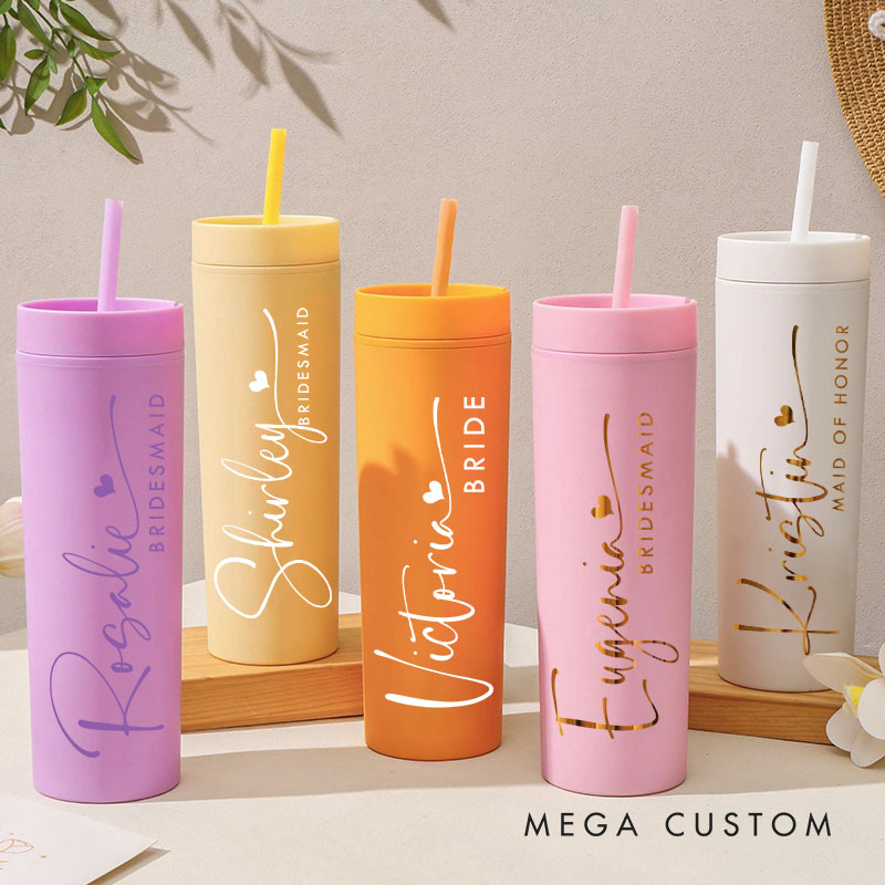 Personalized Elegant Bridesmaid 16oz Skinny Tumbler Custom Bride Name with Heart Wedding Tumbler Maid of Honor Bachelorette Party Bridal Shower Gift