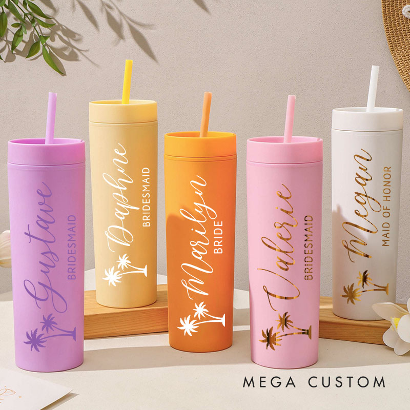 Personalized Bridesmaid Palm Tree 16oz Skinny Tumbler Custom Bride Name and Title Wedding Tumbler Maid of Honor Bachelorette Party Bridal Shower Gift