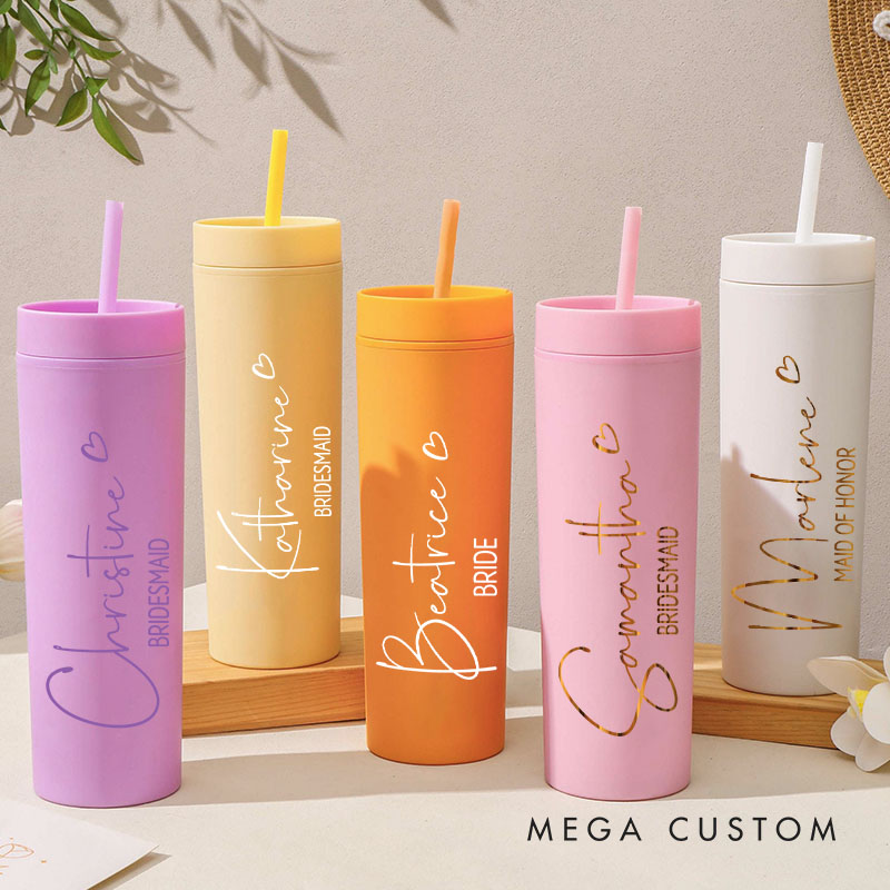 Personalized Bridesmaid Name with Heart 16oz Skinny Tumbler Custom Bride Name Wedding Tumbler Maid of Honor Bachelorette Party Bridal Shower Gift