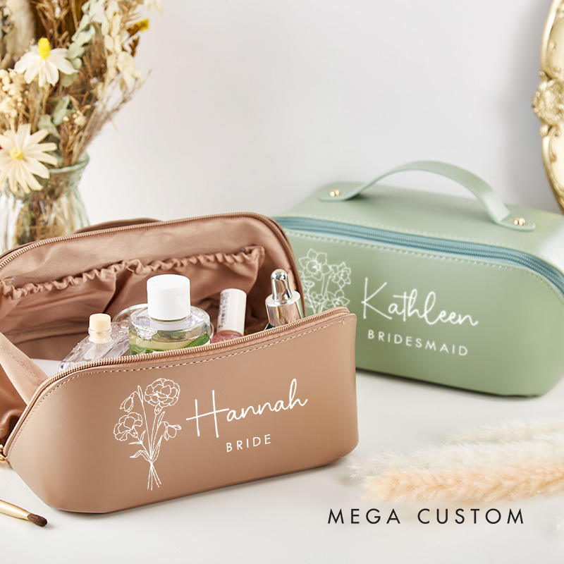 Personalized Bridesmaid Birth Flower Makeup Bag Custom Bride Wedding Cosmetic Bag Maid of Honor Toiletry Pouch Bachelorette Party Bridal Shower Gift