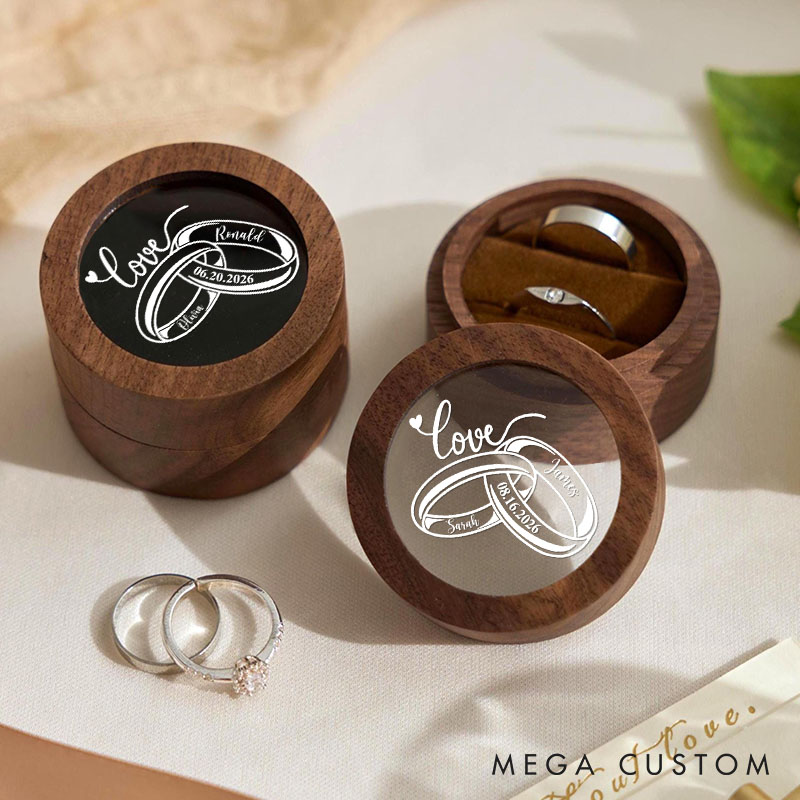 Personalized Couple Wedding Love Rings Wood Ring Box Custom Newlyweds Name Ring Box with Acrylic Cover Engaged Date Ring Holder Husband Wife Gift
