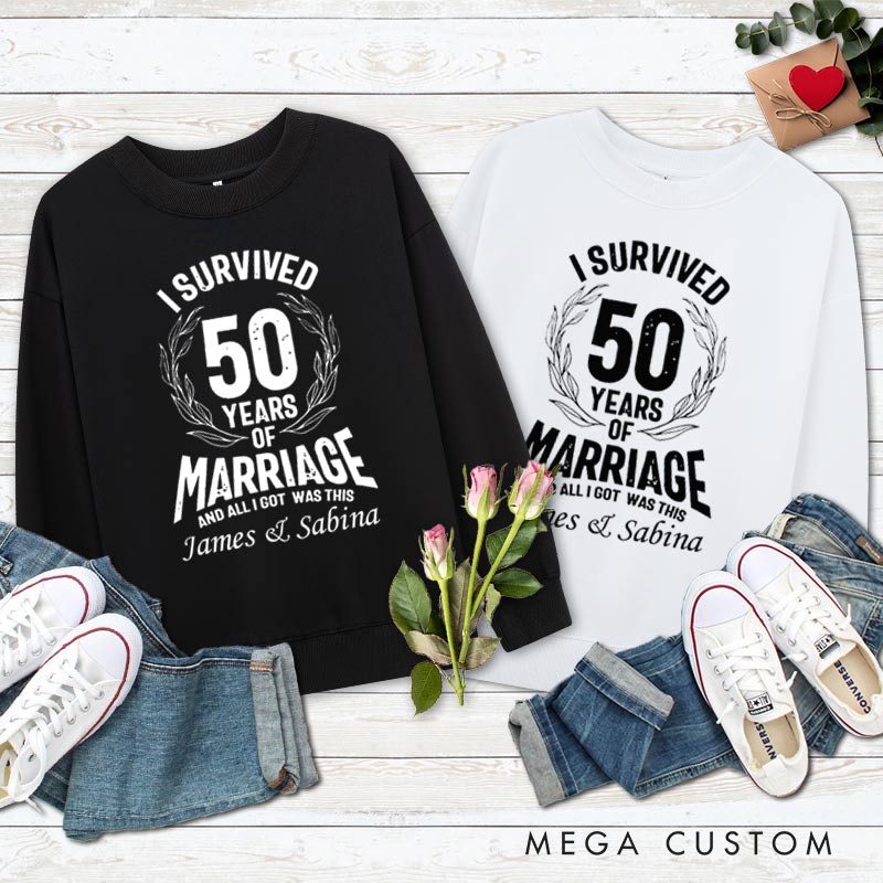 Personalized Couple 50th Anniversary Sweatshirt I Survived 50 Years of Marriage Outfit Anniversary Humorous Golden Sweatshirt Couple Gift Tee