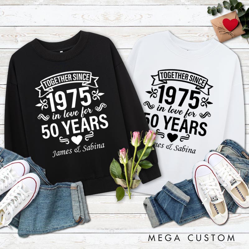Personalized Couple 50th Anniversary Sweatshirt Together Since 1975 50 Years of Love Anniversary Humorous Golden Sweatshirt Couple Gift Top