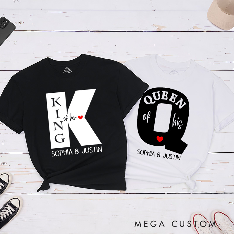 Personalized Couple King of Her Queen of His Matching T-Shirt Valentine's Day T-Shirt for Husband Wife Boyfriend Girlfriend Gift for Hubby Wifey
