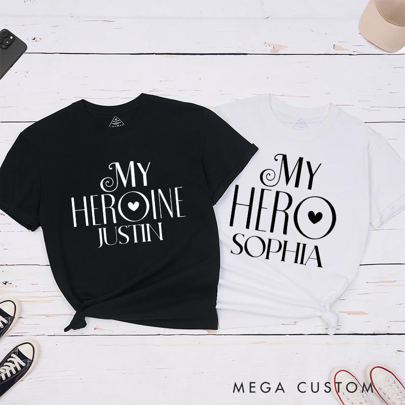 Personalized Couple My Hero and My Heroine Matching T-Shirt Valentine's Day T-Shirt for Husband Wife Boyfriend Girlfriend Gift for Hubby Wifey