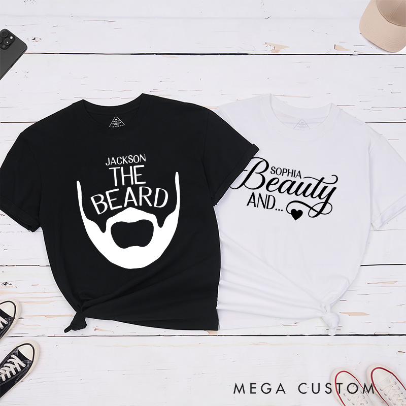 Personalized Couple The Beard and Beauty Matching T-Shirt with Name Valentine's Day T-Shirt for Husband Wife Boyfriend Girlfriend Gift