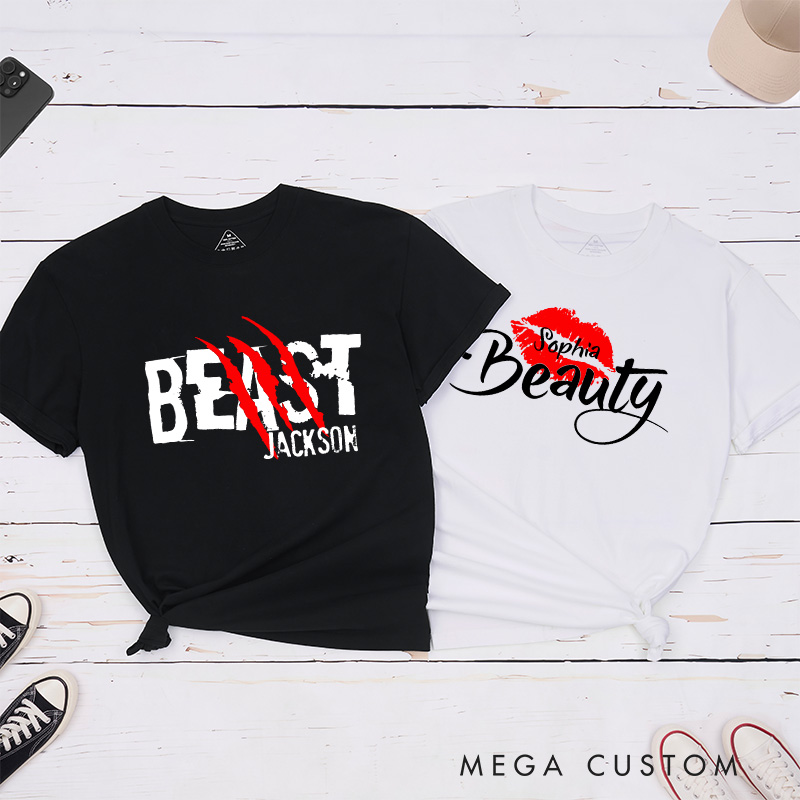 Personalized Couple Beast with Claw and Beauty with Kiss Matching T-Shirt Valentine's Day T-Shirt for Husband Wife Boyfriend Girlfriend
