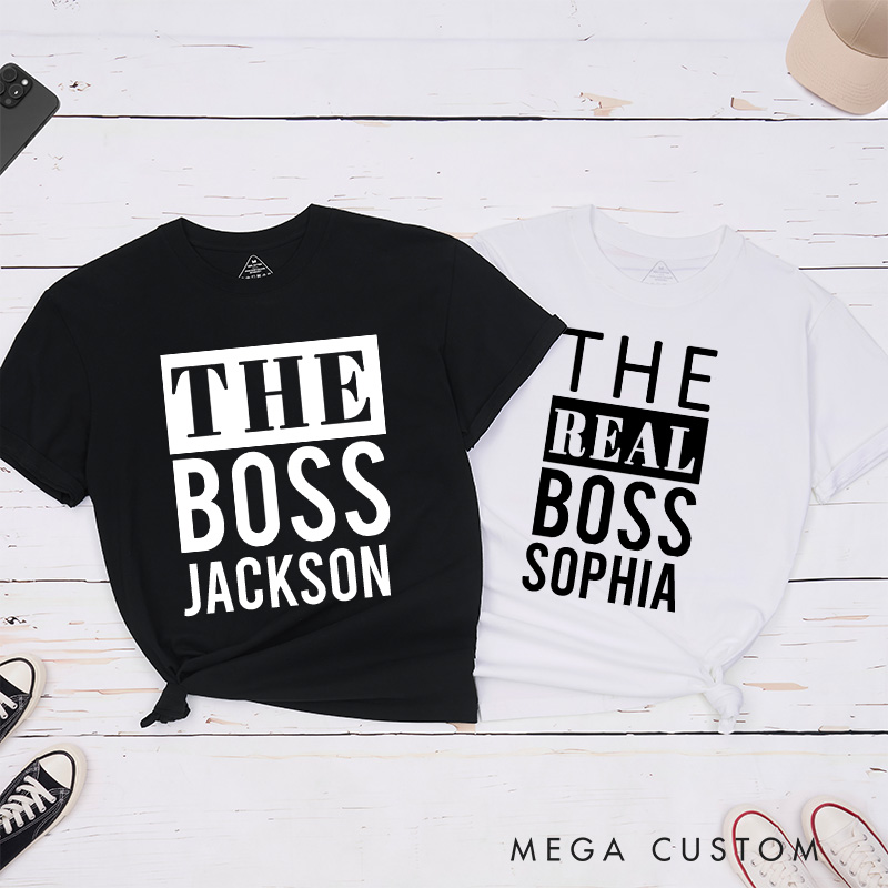 Personalized Minimalist Couple The Boss and The Real Boss Matching T-Shirt Valentine's Day T-Shirt for Husband Wife Boyfriend Girlfriend Gift