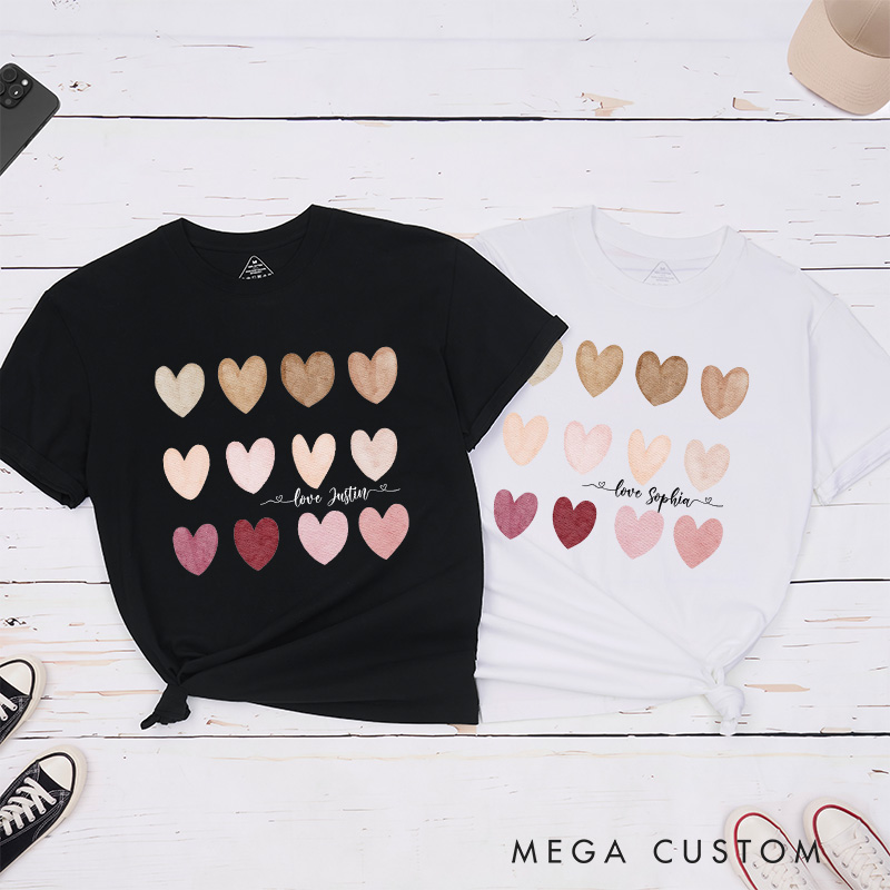 Personalized Couple Watercolor Heart Matching T-Shirt with Name Valentine's Day T-Shirt for Husband Wife Boyfriend Girlfriend Gift for Hubby Wifey