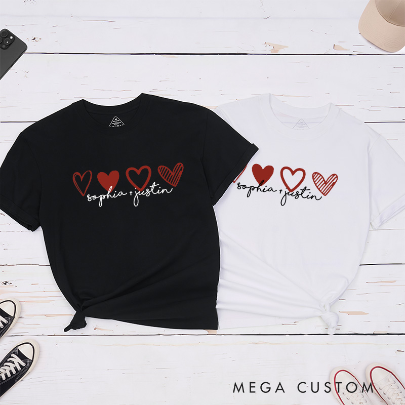 Personalized Couple Romantic 4 Hearts Matching T-Shirt with Name Valentine's Day T-Shirt for Husband Wife Boyfriend Girlfriend Gift for Hubby Wifey