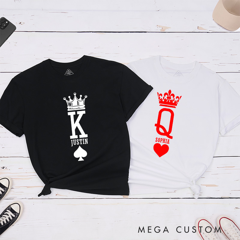 Personalized Minimalist Couple King and Queen with Crown Matching T-Shirt with Name Valentine's Day T-Shirt for Husband Wife Boyfriend Girlfriend Gift