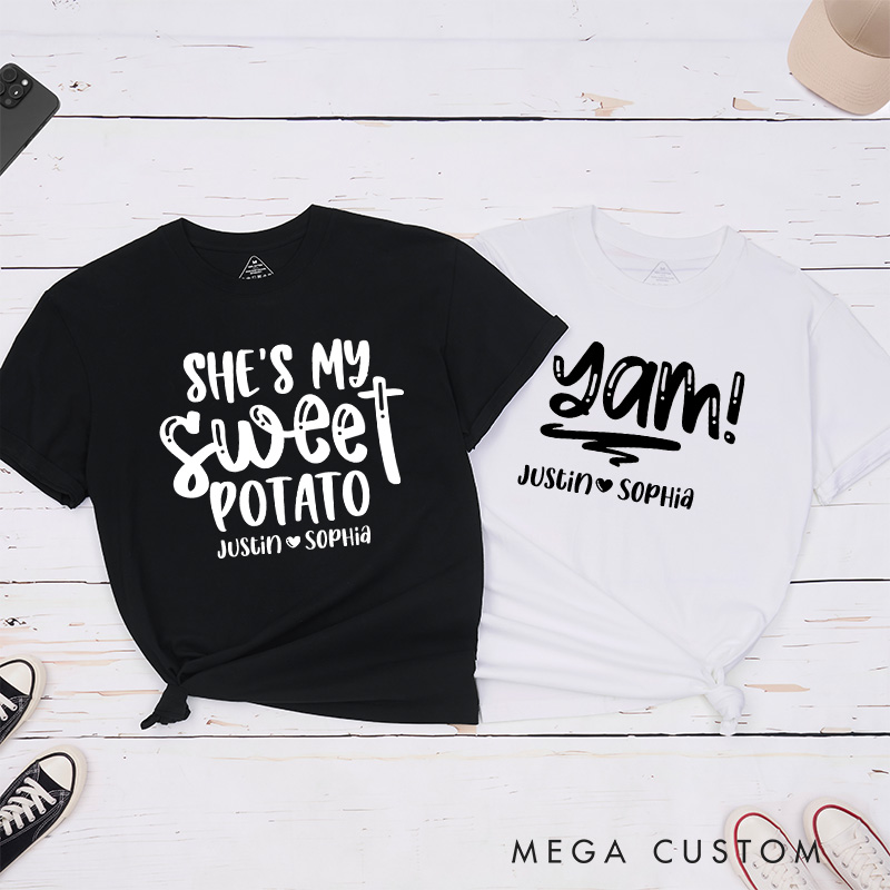 Personalized Couple Cute She’s My Sweet Potato I Yam T-Shirt with Name Thanksgiving Day Matching T-Shirt for Husband Wife Boyfriend Girlfriend Gift