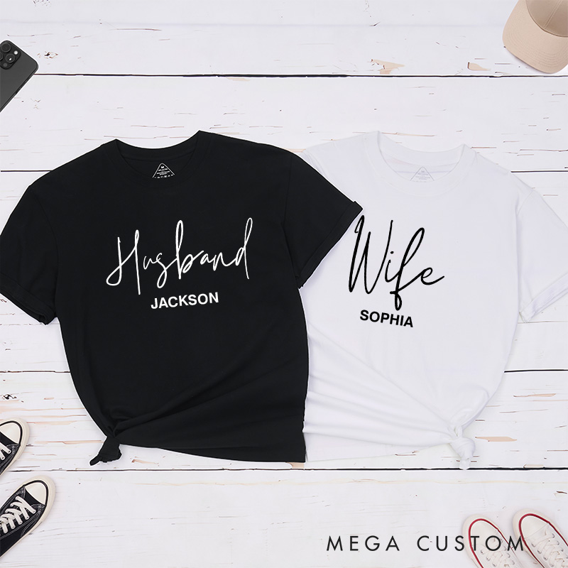 Personalized Couple Handwritten Husband and Wife T-Shirt with Name Valentine's Day Matching T-Shirt for Hubby Wifey Boyfriend Girlfriend Gift