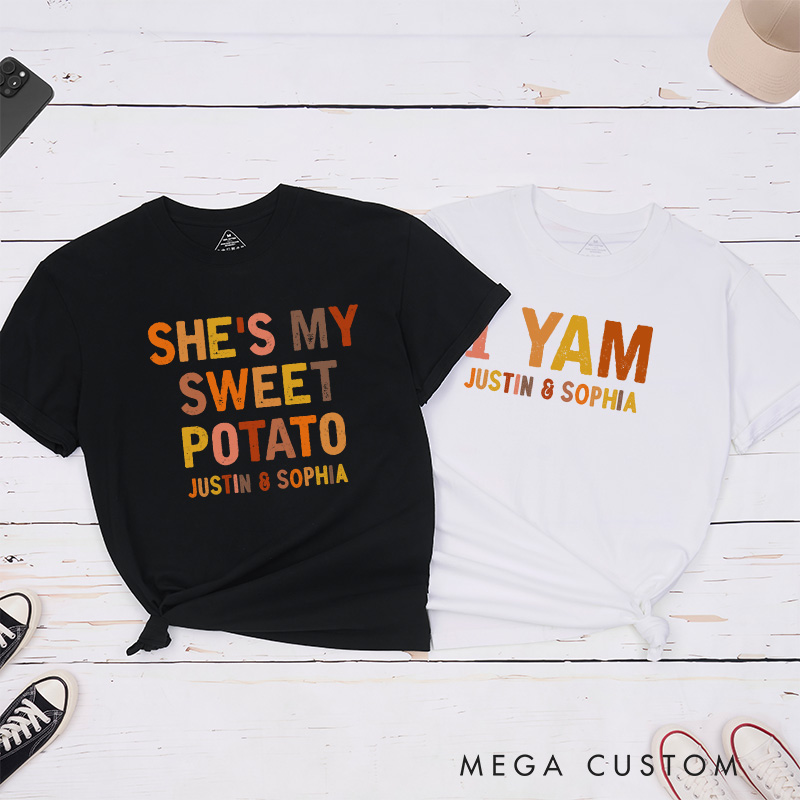 Personalized Couple Retro She’s My Sweet Potato I Yam Matching T-Shirt with Name Thanksgiving Day T-Shirt for Husband Wife Boyfriend Girlfriend Gift