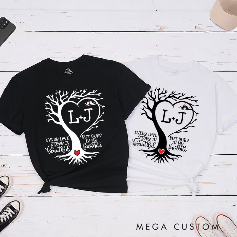 Personalized Couple Heart-Shaped Tree Matching T-Shirt with Initials Valentine's Day Classic T-Shirt for Husband Wife Boyfriend Girlfriend Gift