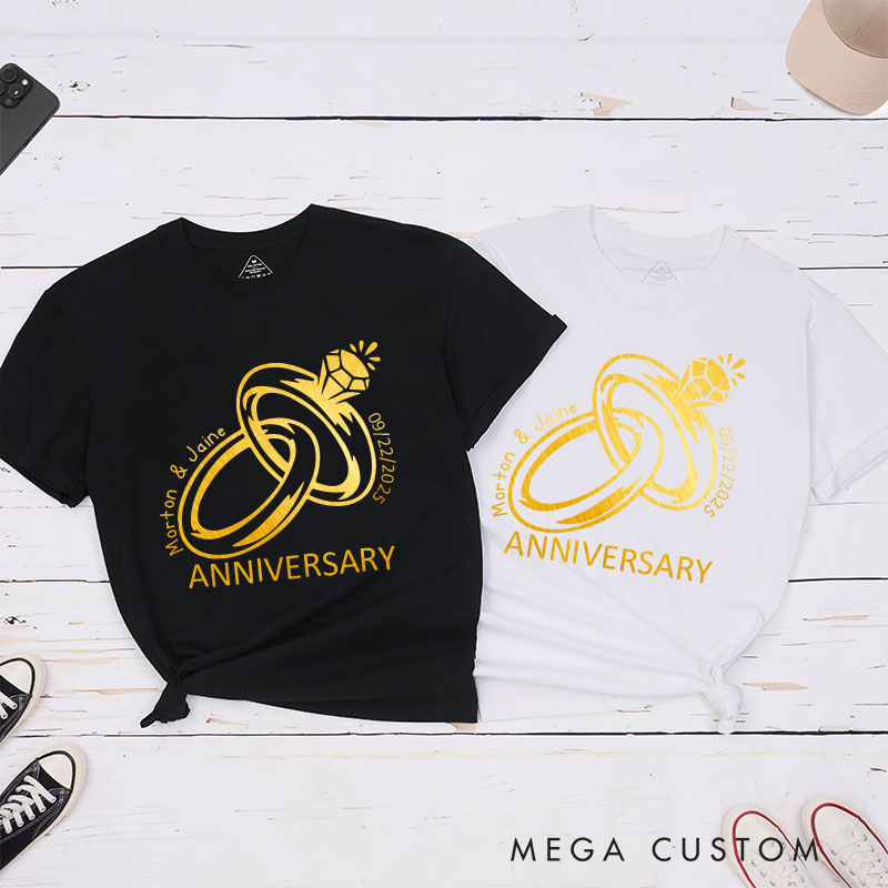 Personalized Golden Rings Anniversary T-Shirt Elegant Celebrate Couple Anniversary T-Shirts for Husband Wife Anniversary Gift Tees