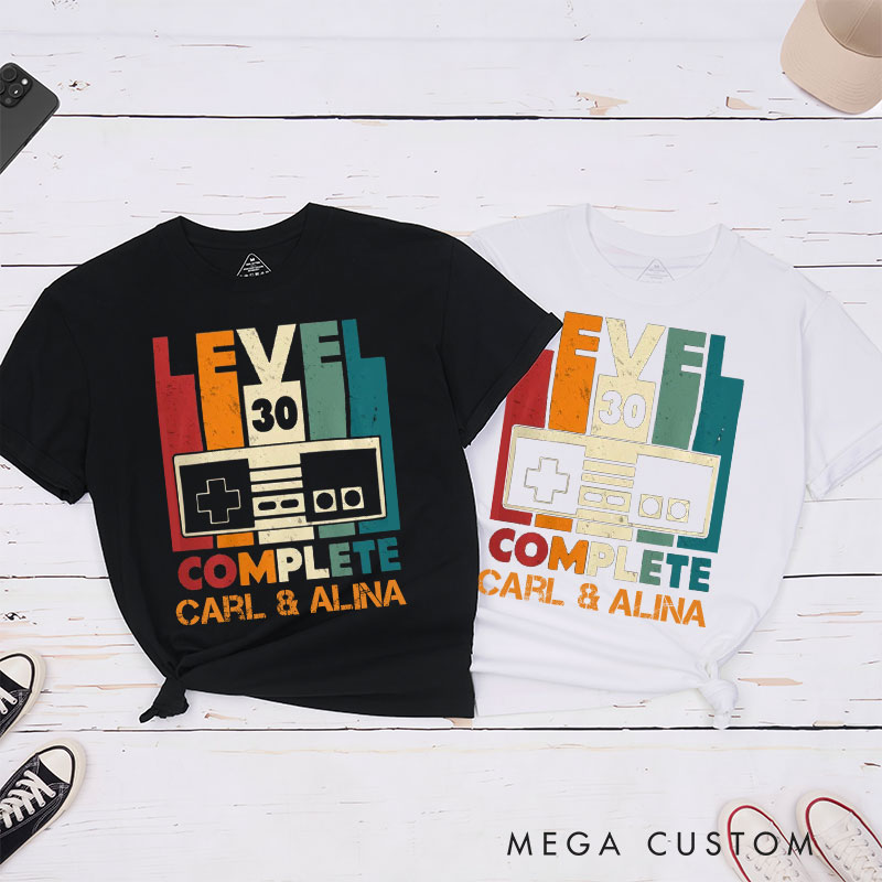 Personalized Couple 30th Anniversary T-Shirt Level 30 Complete Funny Gaming Anniversary Shirt Vintage Couple T-Shirts for Husband Wife