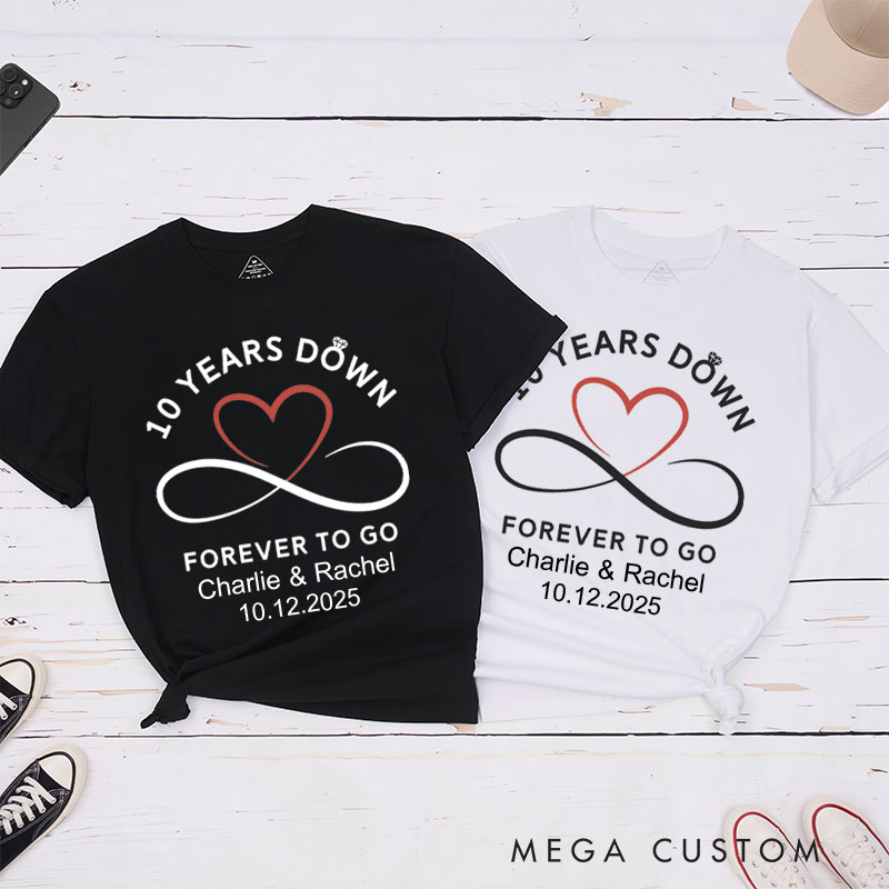 Personalized Couple 10th Anniversary T-Shirt 10 Years Down Forever To Go Anniversary Shirts for Wife Husband Anniversary Gift for Her Him
