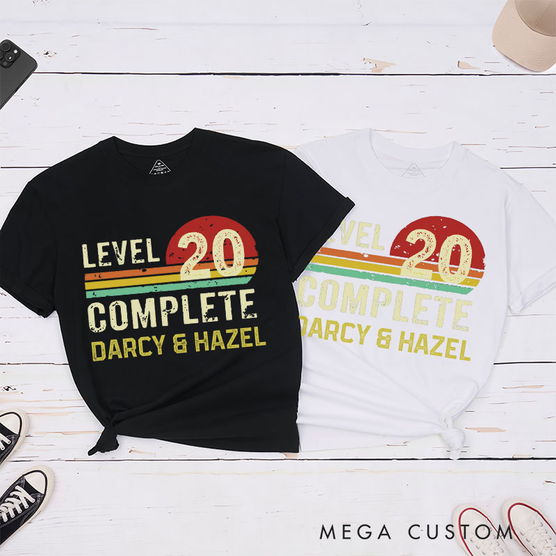 Personalized Couple 20th Anniversary T-Shirt LEVEL 20 COMPLETE Anniversary T-Shirts Sunset Couple Gift Tees for Wife Husband 