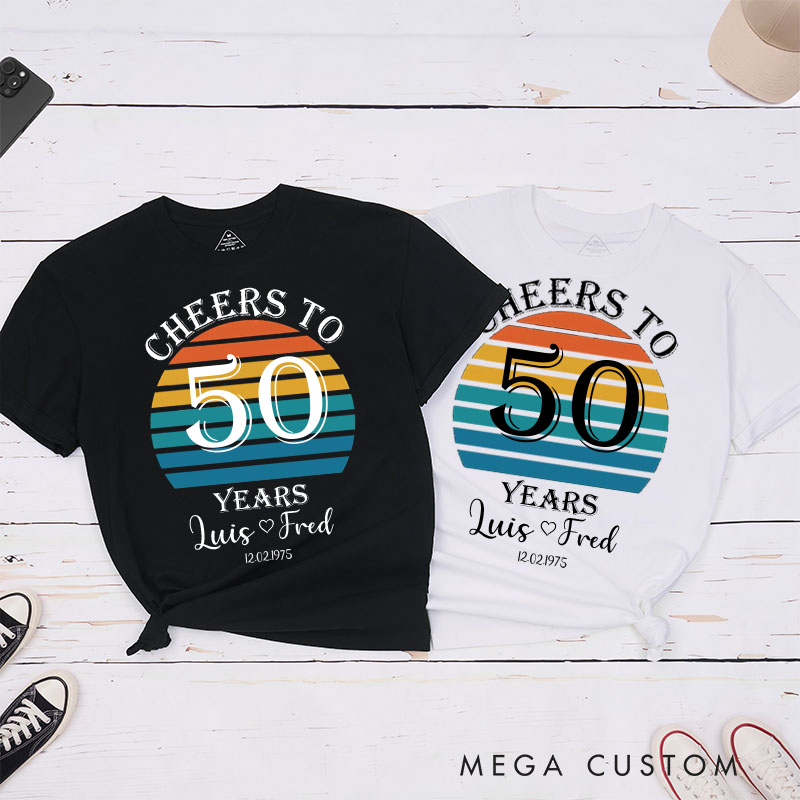 Personalized Couple 50th Anniversary T-Shirt Retro Sunset Anniversary Shirts Cheers to 50 Years T-Shirts for Husband Wife
