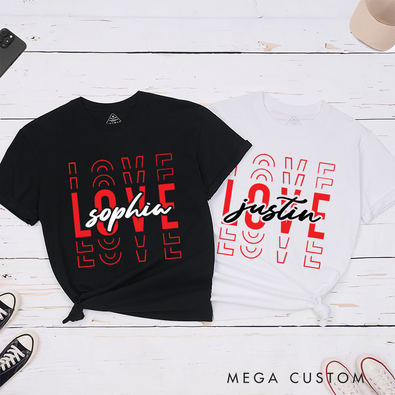 Personalized Couple Love Him and Love Her Matching T-Shirt Valentine's Day T-Shirt for Husband Wife Boyfriend Girlfriend Gift for Hubby Wifey