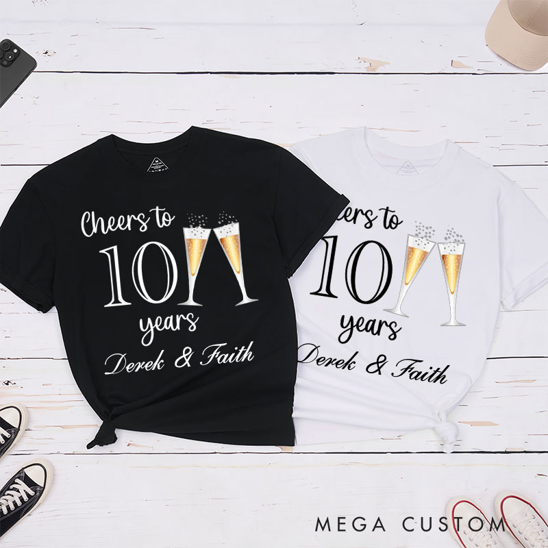 Personalized Couple 10th Anniversary T-Shirt Cheers to 10 Years T-Shirt Anniversary Gift Champagne Tees for Wife Husband Couple Gift