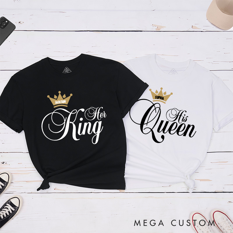 Personalized Couple Her King His Queen with Crown Matching T-Shirt Valentine's Day T-Shirt for Husband Wife Boyfriend Girlfriend Gift for Hubby Wifey