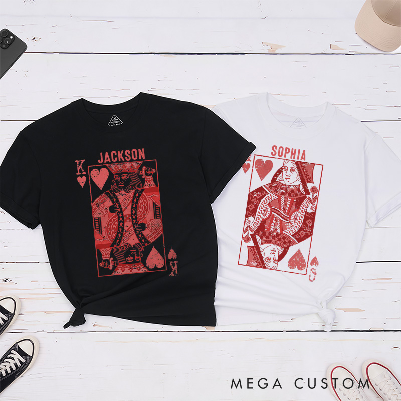 Personalized Couple Playing Cards King Queen of Hearts Matching T-Shirt Valentine's Day T-Shirt for Husband Wife Boyfriend Girlfriend Gift