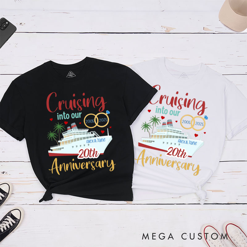 Personalized Couple 20th Cruise Anniversary T-Shirt Cruising into Our 20th Anniversary Shirt Romantic Celebration Anniversary Tees