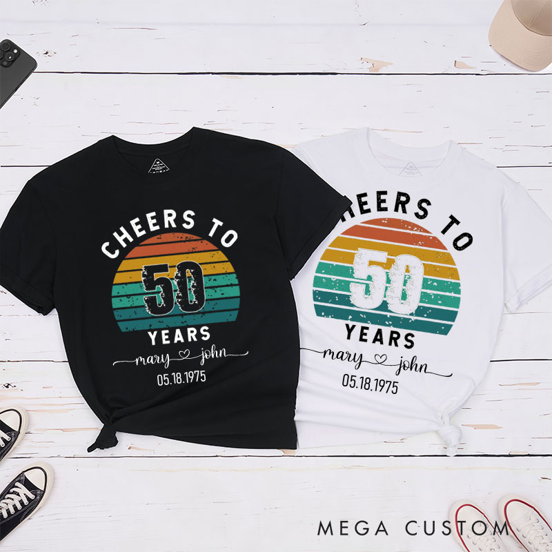 Personalized Couple 50th Anniversary T-Shirt Retro Cheers to 50 Years Anniversary Shirt Vintage Couple T-Shirts for Husband Wife