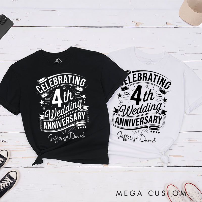 Personalized Couple 4th Anniversary T-Shirt Elegant Celebrating 4th Wedding Anniversary Shirts Couple T-Shirts for Husband Wife
