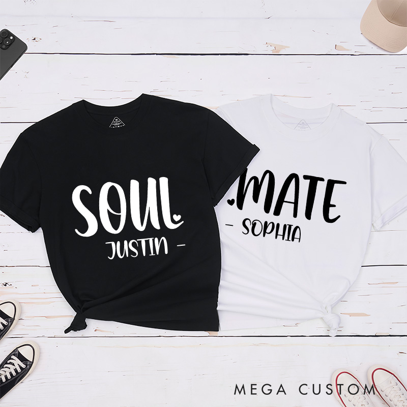 Personalized Couple Soul Mate with Heart Matching T-Shirt Valentine's Day T-Shirt for Husband Wife Boyfriend Girlfriend Gift for Hubby Wifey