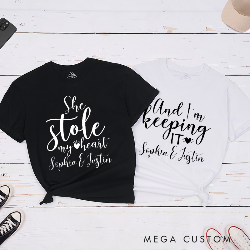 Personalized Couple She Stole My Heart And I'm Keeping It Matching T-Shirt Valentine's Day T-Shirt for Husband Wife Boyfriend Girlfriend Gift