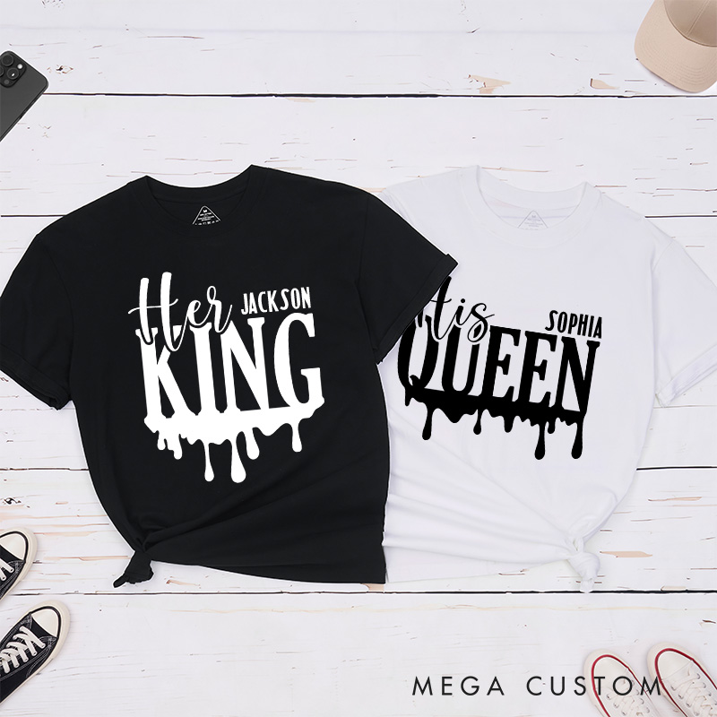 Personalized Couple Her King and His Queen Drip Effect Matching T-Shirt Valentine's Day T-Shirt for Husband Wife Boyfriend Girlfriend Gift