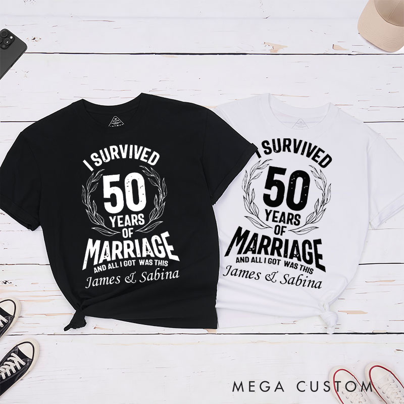 Personalized Couple 50th Anniversary T-Shirt I Survived 50 Years of Marriage Anniversary Humorous Golden Shirt Couple Gift Tee