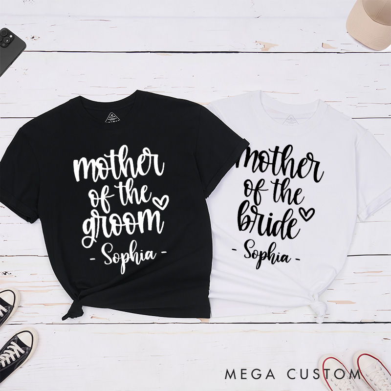 Personalized Mother of the Bride with Heart Matching T-Shirt Mother of the Groom T-Shirt with Name MOB MOG Wedding Day T-Shirt Bachelorette Party Gift