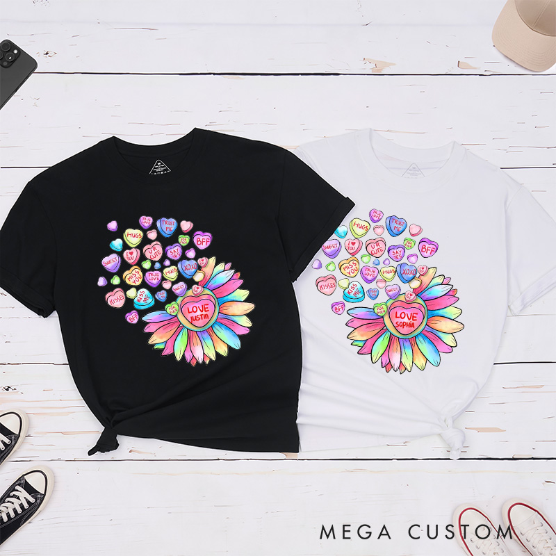 Personalized Couple Colorful Flower and Candy Matching T-Shirt Valentine's Day T-Shirt for Husband Wife Boyfriend Girlfriend Gift for Hubby Wifey