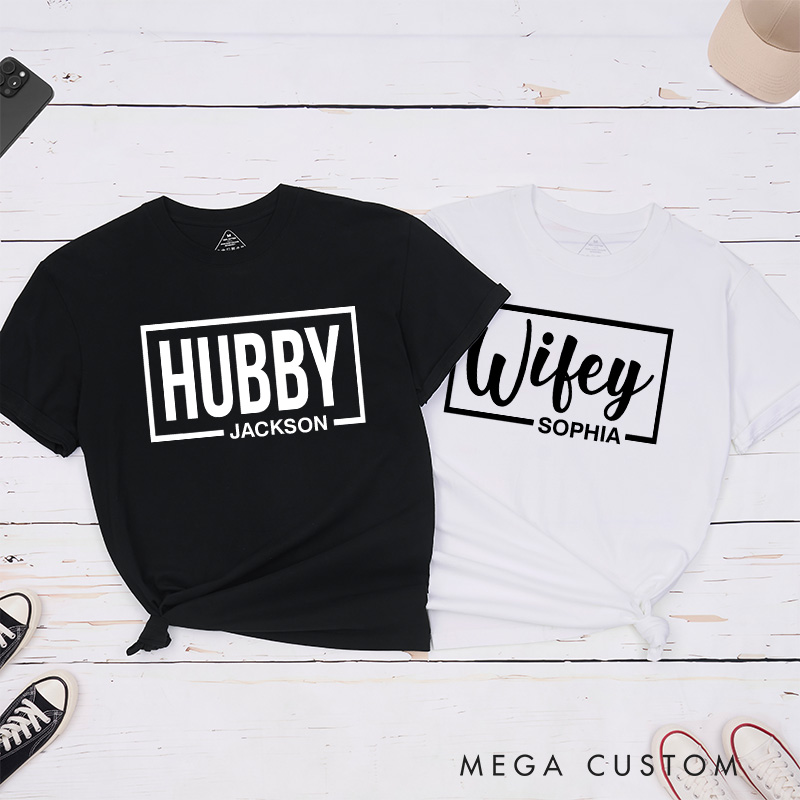 Personalized Couple Minimalist Hubby and Wifey Matching T-Shirt with Name Valentine's Day T-Shirt for Husband Wife Boyfriend Girlfriend Gift