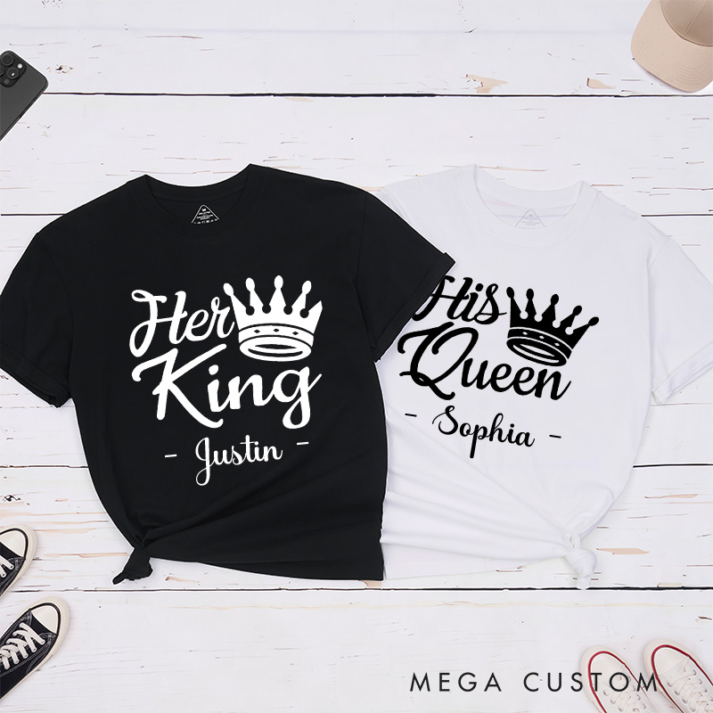 Personalized Couple Regal Her King and His Queen with Crown Matching T-Shirt Valentine's Day T-Shirt for Husband Wife Boyfriend Girlfriend Gift