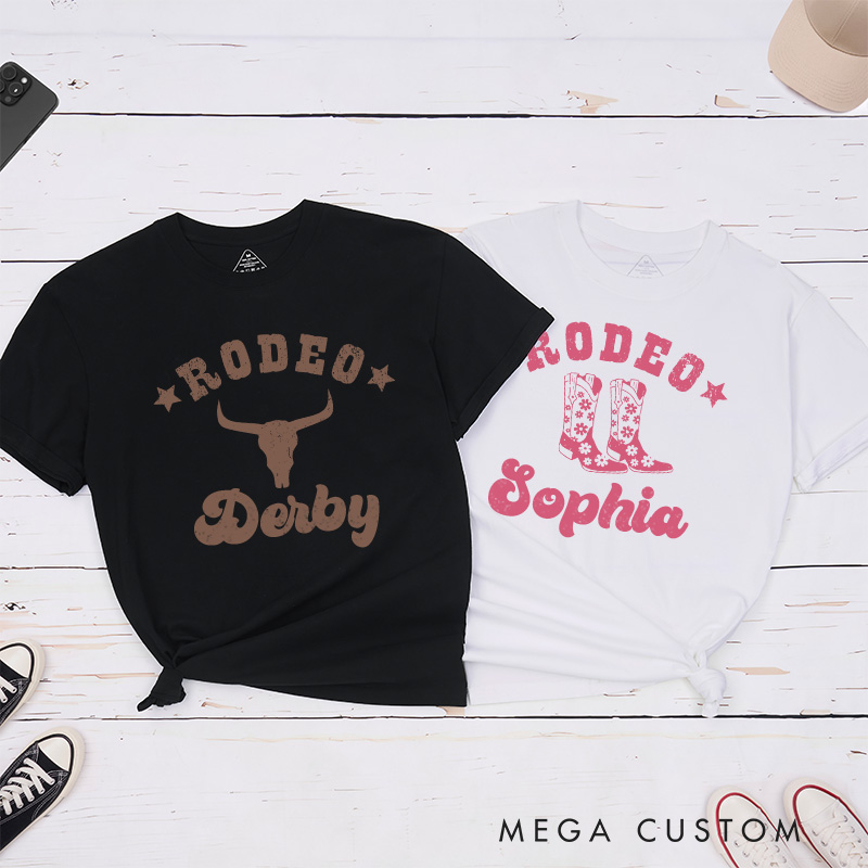 Personalized Couple Rodeo with Bull head and Cowgirl Boots T-Shirt Valentine's Day Matching T-Shirt for Husband Wife Boyfriend Girlfriend Gift