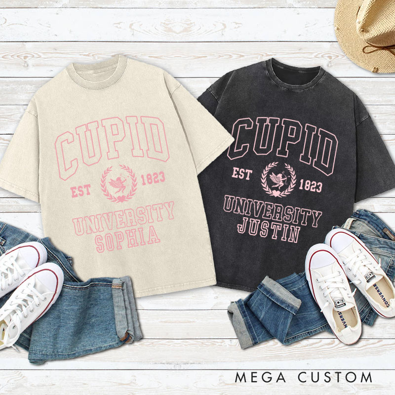 Personalized Couple Cupid University Washed T-Shirt Valentine's Day Shirt